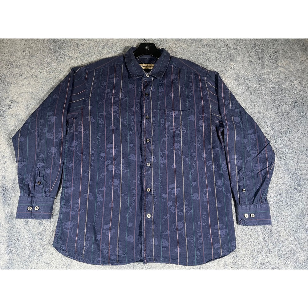 Tommy Bahama Mens Large Blue‎ Silk Blend Jacquard Floral Striped Button Up Shirt